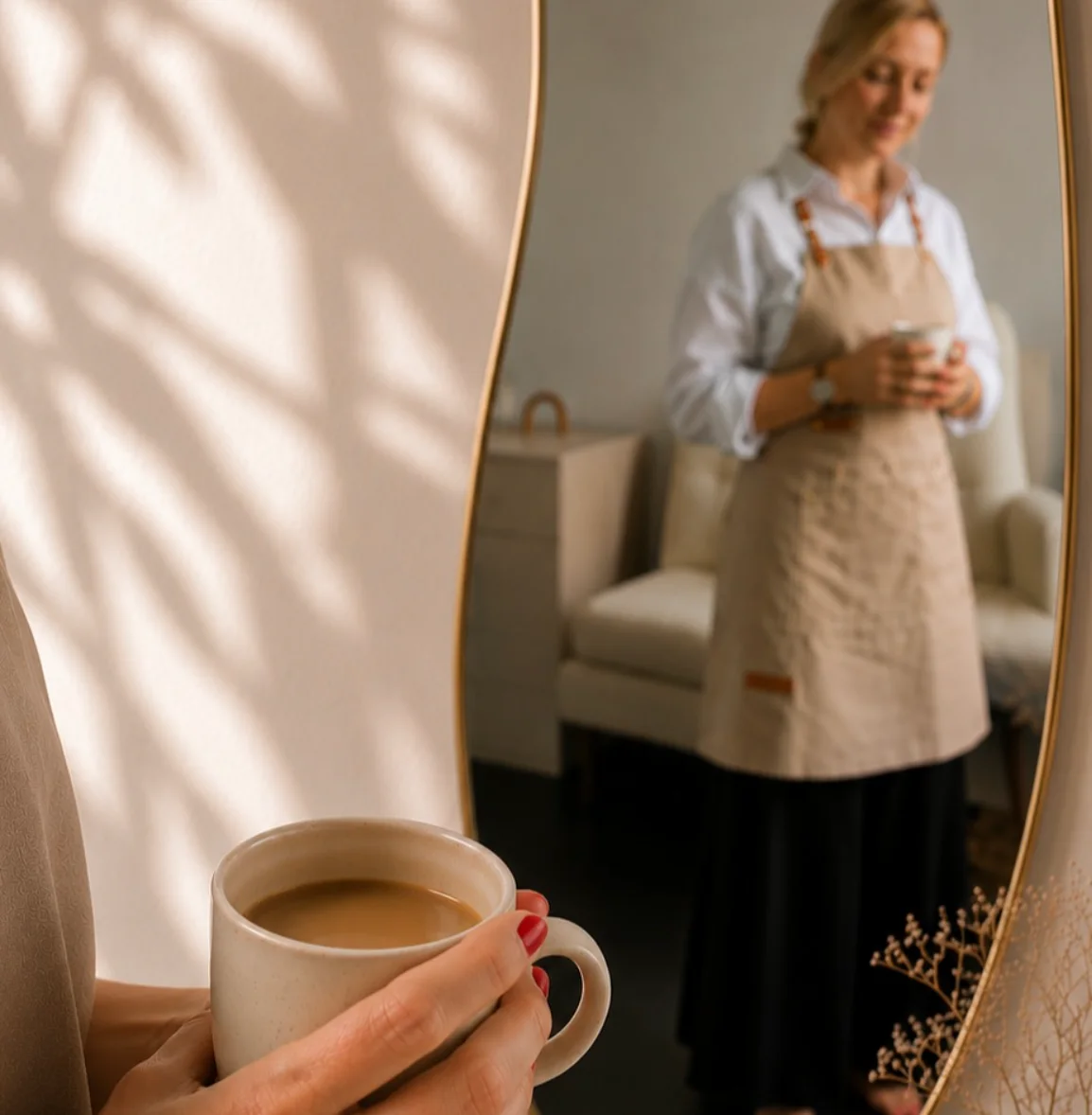 Silvie Maňasová s šálkem kávy v zrcadle salonu Balance Pedikúra